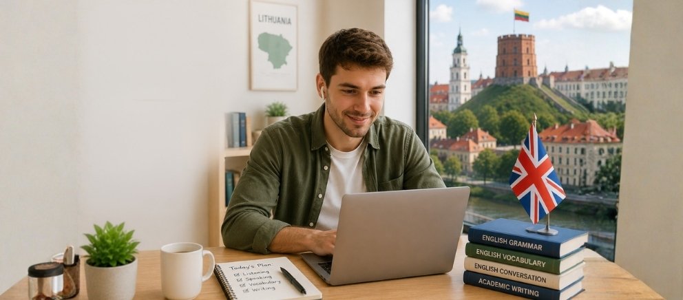 Geriausi anglų kalbos kursai internetu Lietuvoje: 2026 metų vadovas